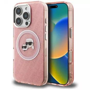 Karl Lagerfeld IML Glitter Karl & Choupette Heads Logo MagSafe Dėklas, skirtas iPhone 16 Pro, rožinis