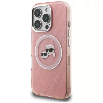 Karl Lagerfeld IML Glitter Karl & Choupette Heads Logo MagSafe Dėklas, skirtas iPhone 16 Pro, rožinis