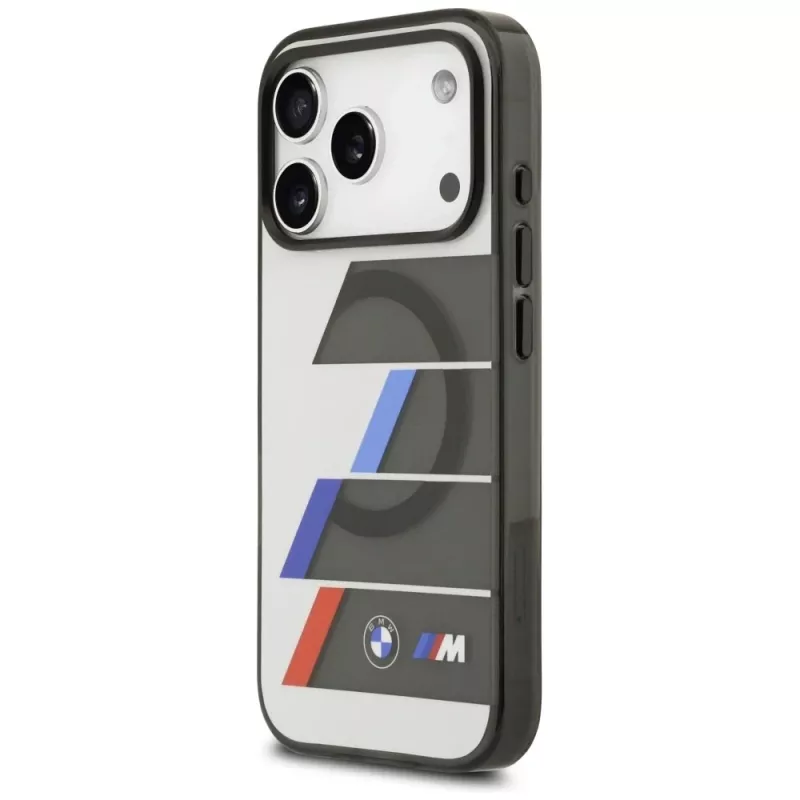 BMW M IML Metal Buttons Tricolor Lines MagSafe Dėklas, skirtas Apple iPhone 17 Pro, antracitas