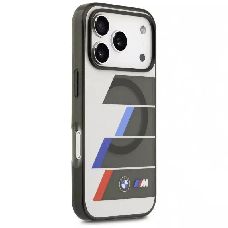 BMW M IML Metal Buttons Tricolor Lines MagSafe Dėklas, skirtas Apple iPhone 17 Pro, antracitas