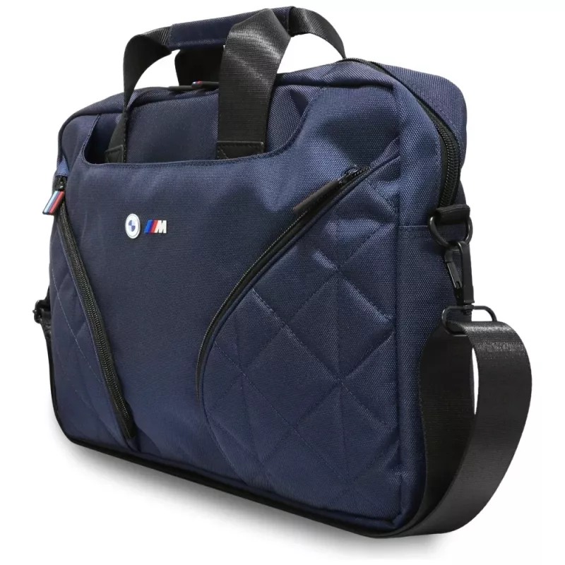 BMW Nylon Laptop Messenger Bag su metaliniu logotipu, tamsiai mėlyna, 16 colių