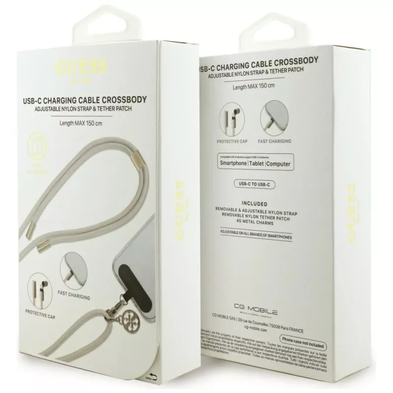 Guess Crossbody Strap 4G Charm – Universal Phone Strap / USB-C to USB-C Cable 1,5m (Beige)