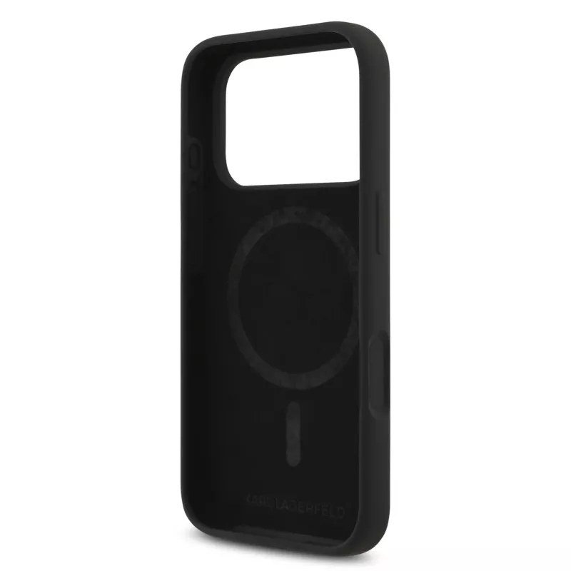 KARL LAGERFELD Silicone Karl & Choupette Ring MagSafe Case, skirta Apple iPhone 17 Pro, juoda