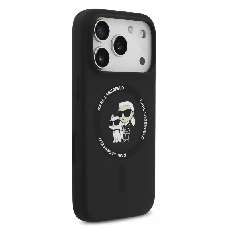 KARL LAGERFELD Silicone Karl & Choupette Ring MagSafe Case, skirta Apple iPhone 17 Pro, juoda