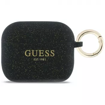 „Guess“ silikoninis blizgučių dėklas su žiedu, skirtas „AirPods Pro“ 1 ir 2 kartoms – juodas