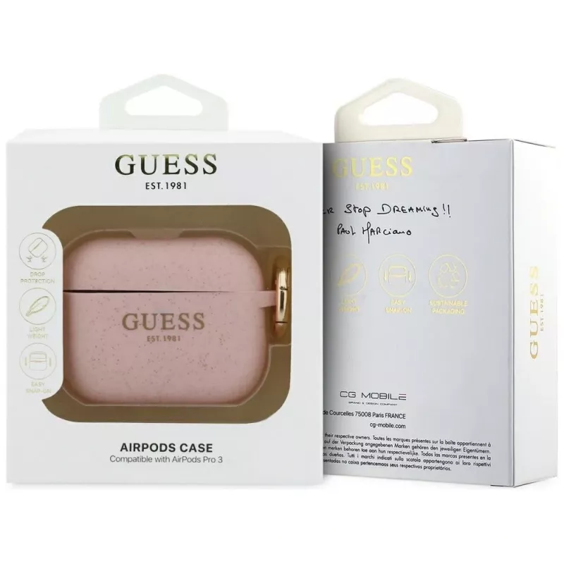 Guess silikoninis blizgus žiedinis dėklas AirPods Pro 3 ausinėms, rožinis