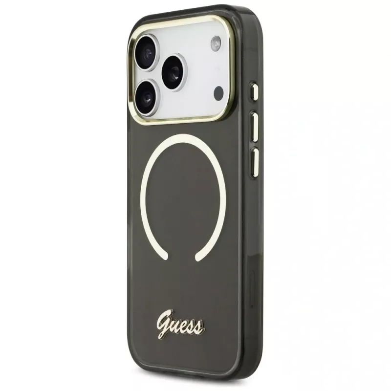 Guess IML Script Metal MagSafe Dėklas, skirtas Apple iPhone 17 Pro, juodas
