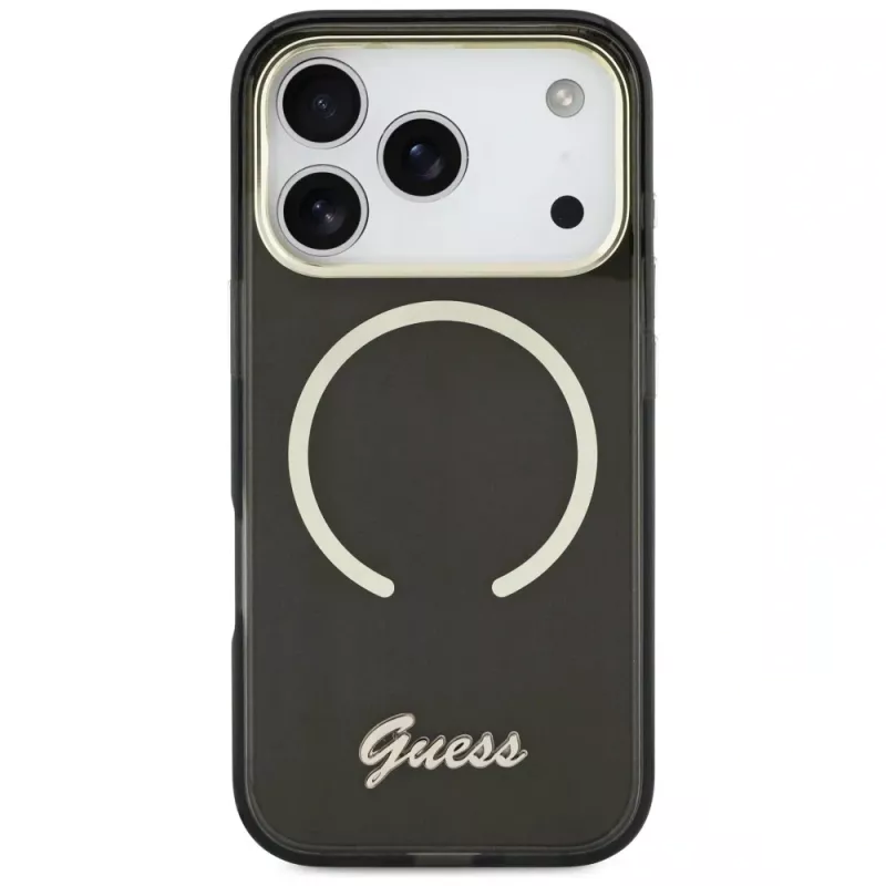 Guess IML Script Metal MagSafe Dėklas, skirtas Apple iPhone 17 Pro, juodas