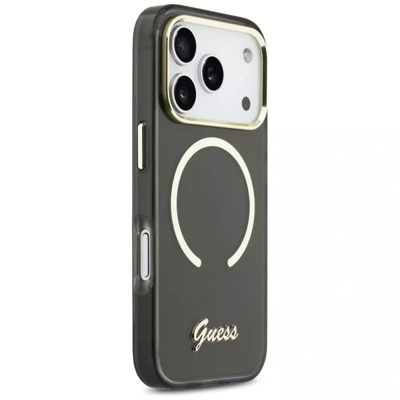 Guess IML Script Metal MagSafe Dėklas, skirtas Apple iPhone 17 Pro, juodas