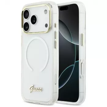 Guess IML Gradient Script Metal MagSafe Dėklas, skirtas Apple iPhone 17 Pro, Baltas