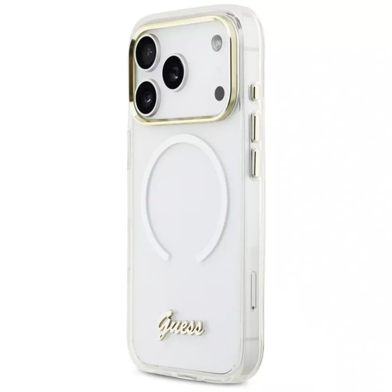 Guess IML Gradient Script Metal MagSafe Dėklas, skirtas Apple iPhone 17 Pro, Baltas
