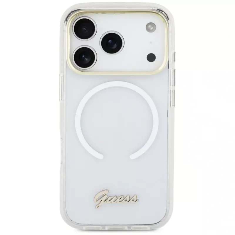 Guess IML Gradient Script Metal MagSafe Dėklas, skirtas Apple iPhone 17 Pro, Baltas