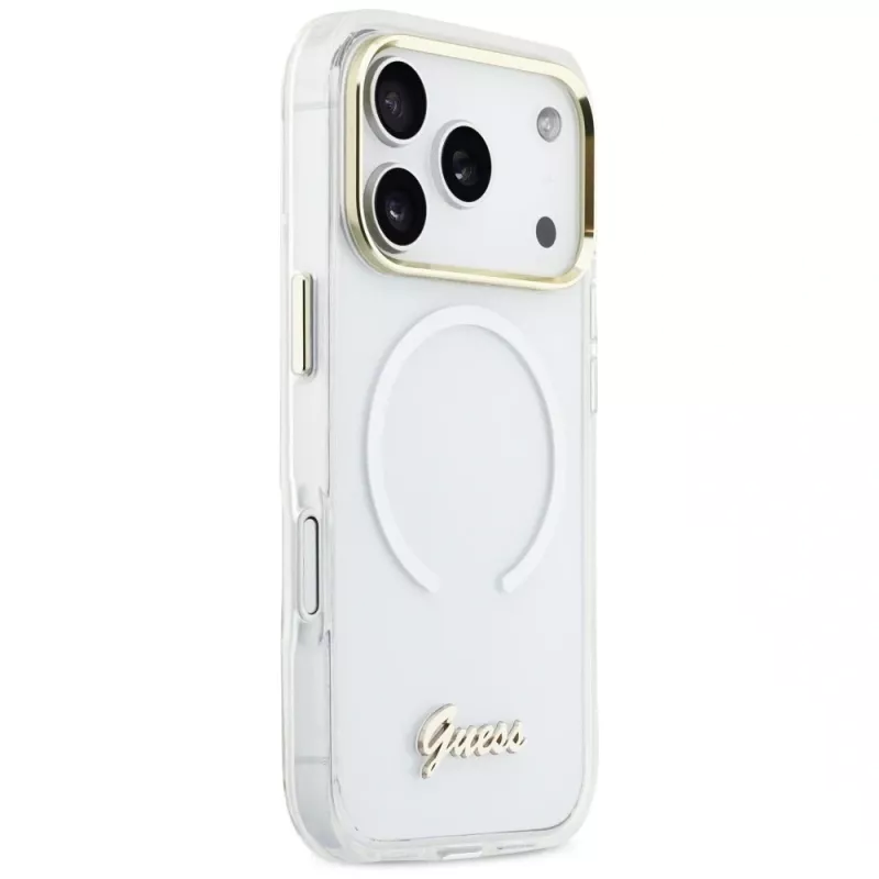Guess IML Gradient Script Metal MagSafe Dėklas, skirtas Apple iPhone 17 Pro, Baltas