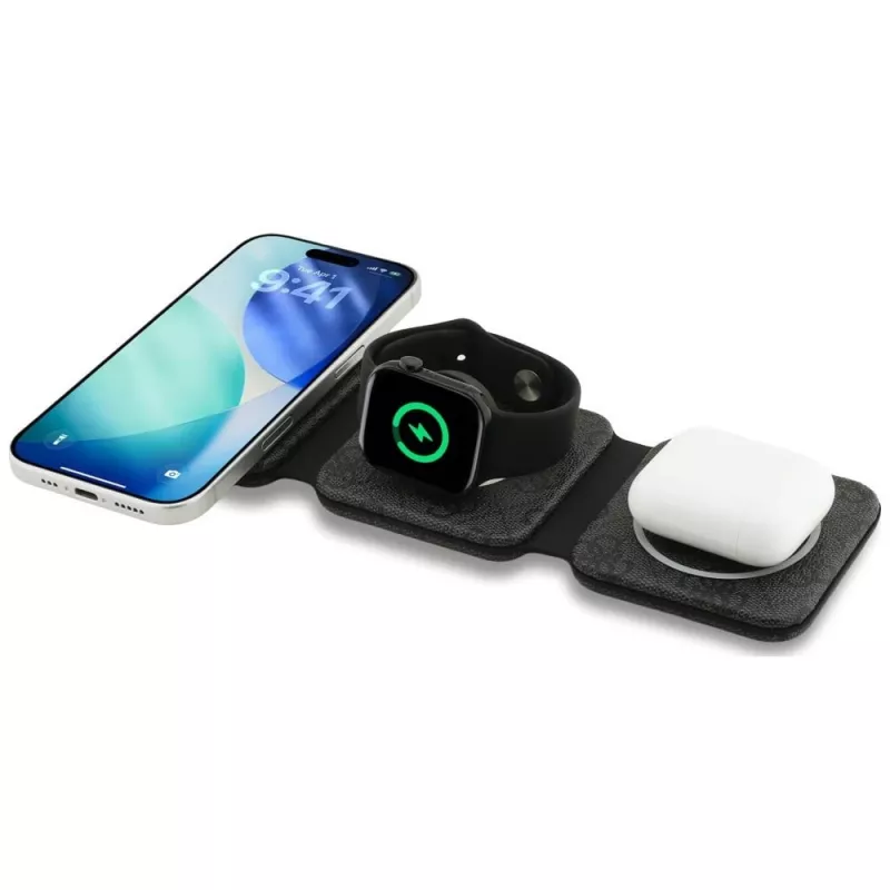 Guess 4G Wireless Charger – 3 viename indukcinė įkrovimo stotelė su MagSafe, iPhone, AirPods ir Apple Watch, 15 W (juoda)