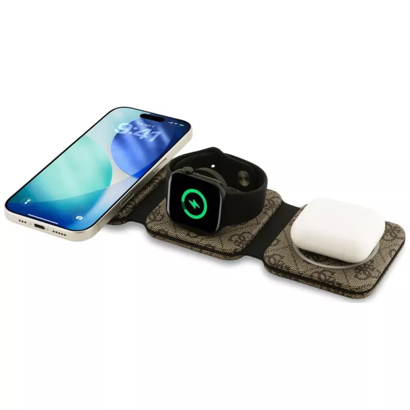 Guess 4G belaidis įkroviklis - 3-in-1 MagSafe įkrovimo stotelė iPhone, AirPods ir Apple Watch 15W (Ruda)