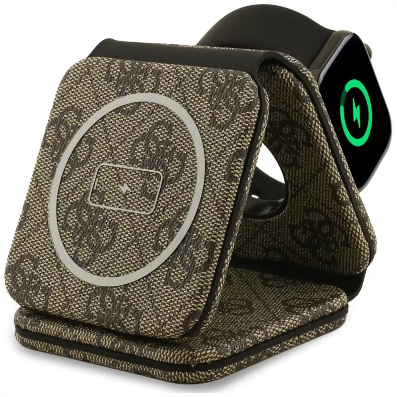 Guess 4G belaidis įkroviklis - 3-in-1 MagSafe įkrovimo stotelė iPhone, AirPods ir Apple Watch 15W (Ruda)
