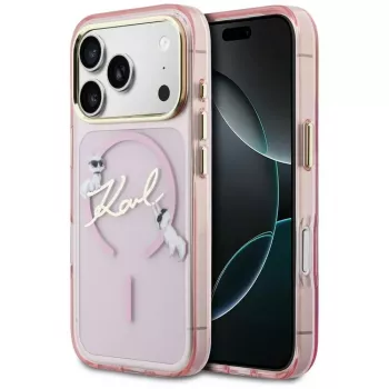 Karl Lagerfeld IML Choupettes KarlScript Logo MagSafe Case, skirta Apple iPhone 17 Pro, rožinė