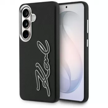 KARL LAGERFELD Grūdėtos tekstūros metalo dervos logotipo dėklas, skirtas Samsung Galaxy S26, juodas