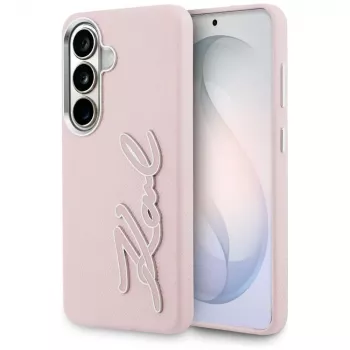 Karl Lagerfeld Grūdėtos struktūros metalinis dervos logotipo dėklas, skirtas Samsung Galaxy S26, rožinis