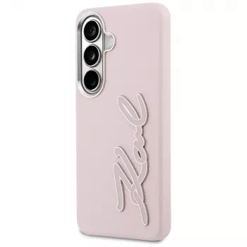 Karl Lagerfeld Grūdėtos struktūros metalinis dervos logotipo dėklas, skirtas Samsung Galaxy S26, rožinis