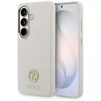 Guess Rhinestone Round Logo MagSafe Dėklas, skirtas Samsung Galaxy S26, smėlio spalvos