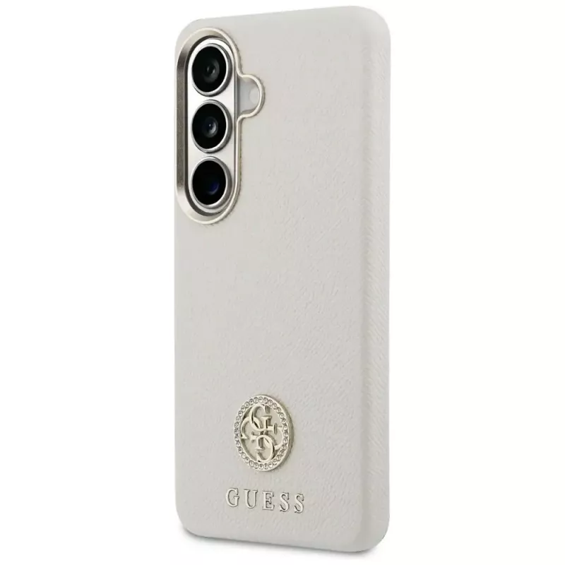 Guess Rhinestone Round Logo MagSafe Dėklas, skirtas Samsung Galaxy S26, smėlio spalvos