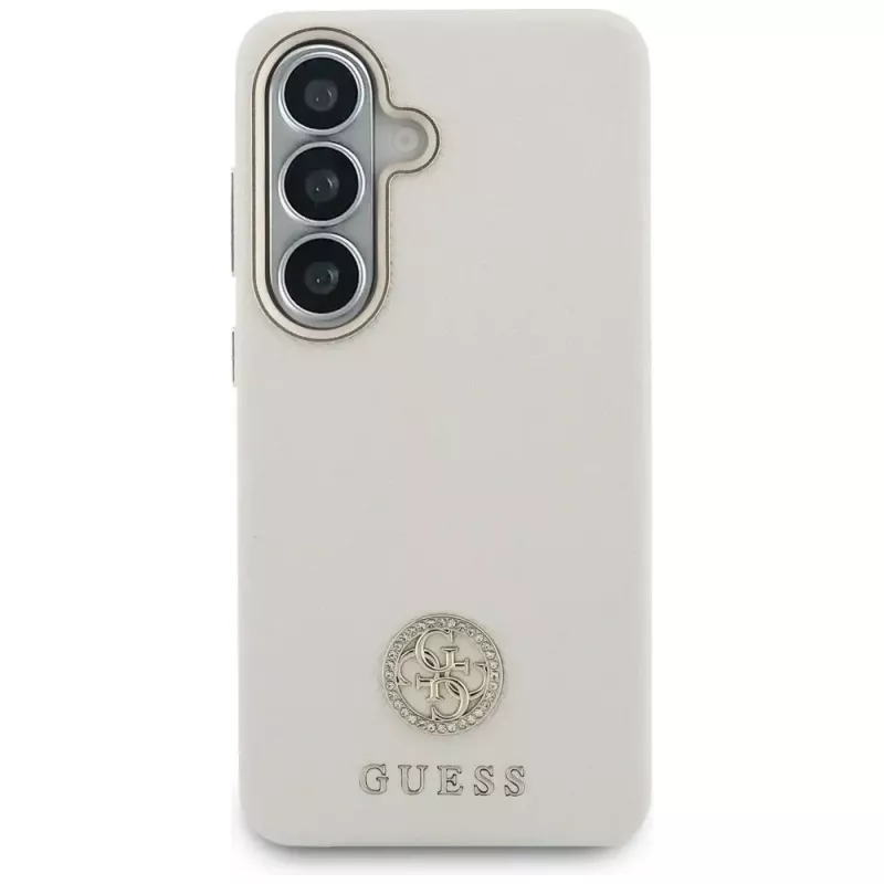 Guess Rhinestone Round Logo MagSafe Dėklas, skirtas Samsung Galaxy S26, smėlio spalvos