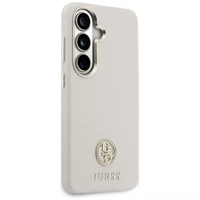Guess Rhinestone Round Logo MagSafe Dėklas, skirtas Samsung Galaxy S26, smėlio spalvos