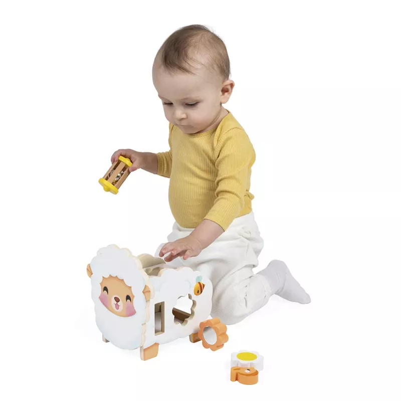 Janod Multifunctional Sheep Shape Sorter Pull-Along Toy Wooden Farm 12m+