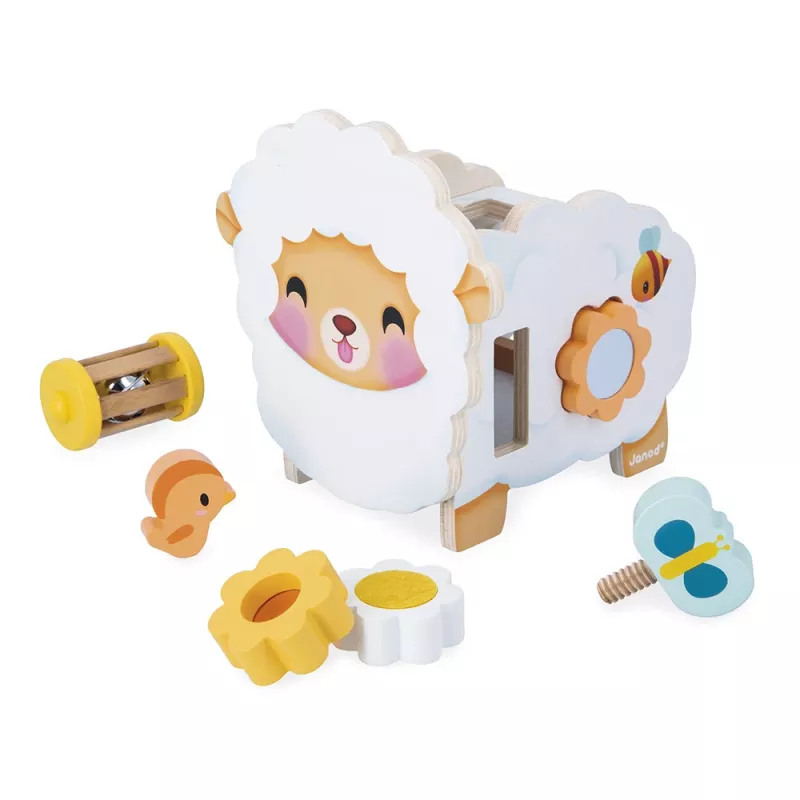 Janod Multifunctional Sheep Shape Sorter Pull-Along Toy Wooden Farm 12m+