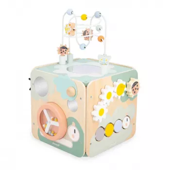 Janod Sweet Cocoon Multi-Activity Cube su karoliukų labirintu, formų rūšiuokliu, abaku, krumpliaračiais, stumdomais elementais, besisukančiais kubeliais, dėliojimo žaidimu - FSC sertifikuota mediena, pastelinės spalvos, nuo 18 mėn. iki 3 metų