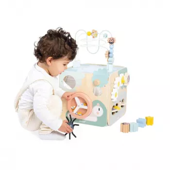 Janod Sweet Cocoon Multi-Activity Cube su karoliukų labirintu, formų rūšiuokliu, abaku, krumpliaračiais, stumdomais elementais, besisukančiais kubeliais, dėliojimo žaidimu - FSC sertifikuota mediena, pastelinės spalvos, nuo 18 mėn. iki 3 metų