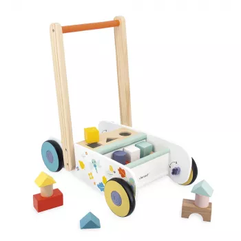 Janod Pure Push Walker su statybiniais kubeliais ir formų rūšiuokliu, 12m+
