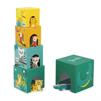 Janod Tropik Stacking Tower su 5 kubeliais ir 3 medinėmis figūrėlėmis, 12m+