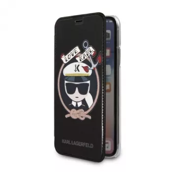 Karl Lagerfeld KLFLBKPXKSB Signature Glitter Bookcase, skirtas iPhone X/Xs, juoda