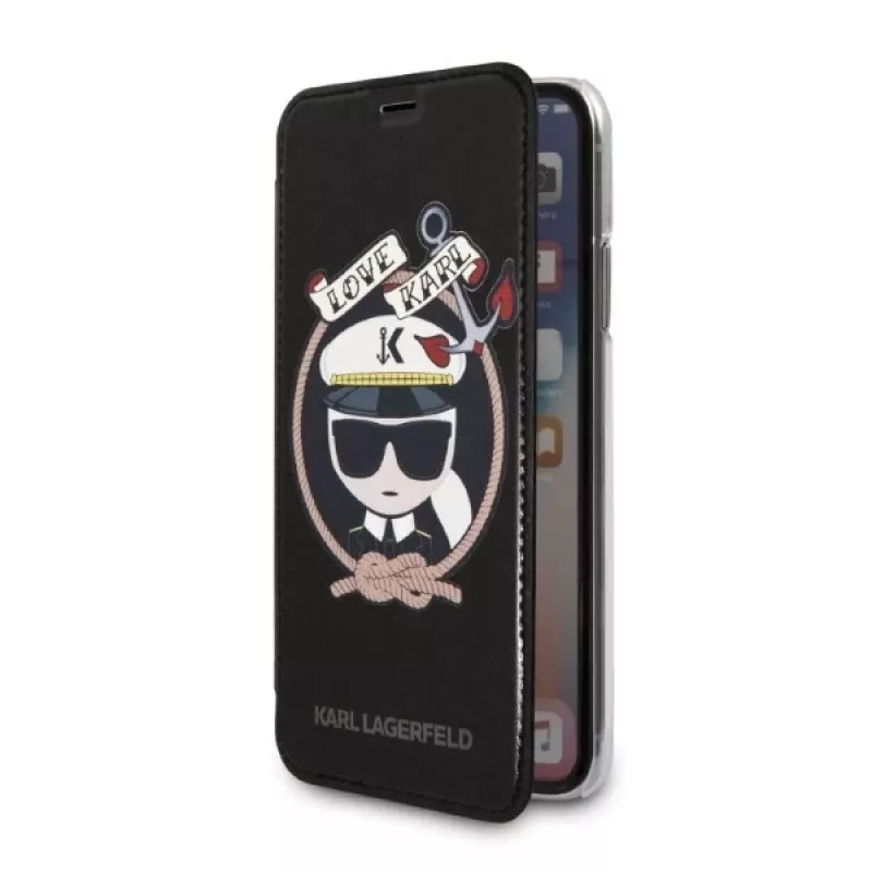 Karl Lagerfeld KLFLBKPXKSB Signature Glitter Bookcase, skirtas iPhone X/Xs, juoda