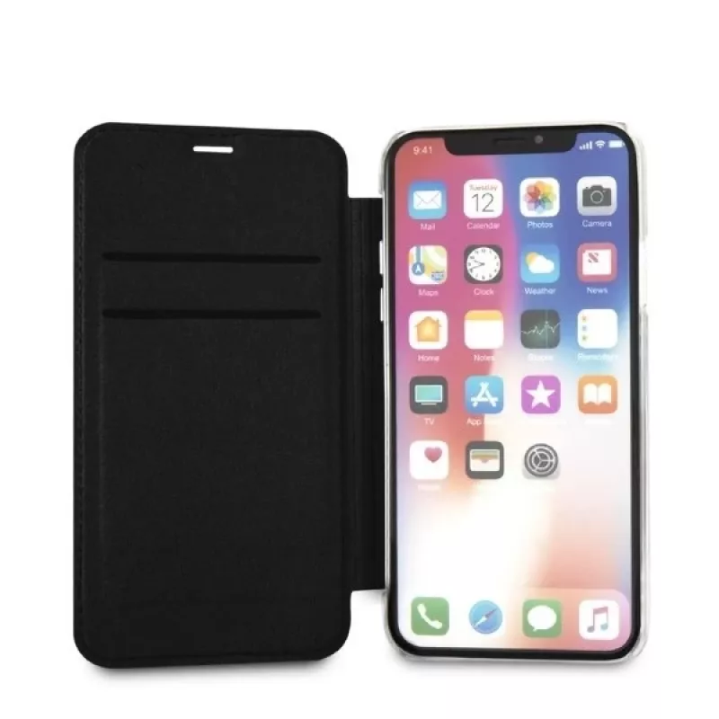 Karl Lagerfeld KLFLBKPXKSB Signature Glitter Bookcase, skirtas iPhone X/Xs, juoda