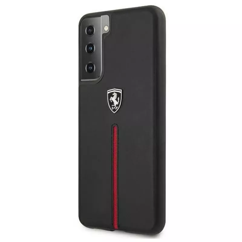 Ferrari FEOSIHCS21SBK Off Track Leather Nylon Stripe Hard Case, skirta Samsung Galaxy S21 (G991) – juoda