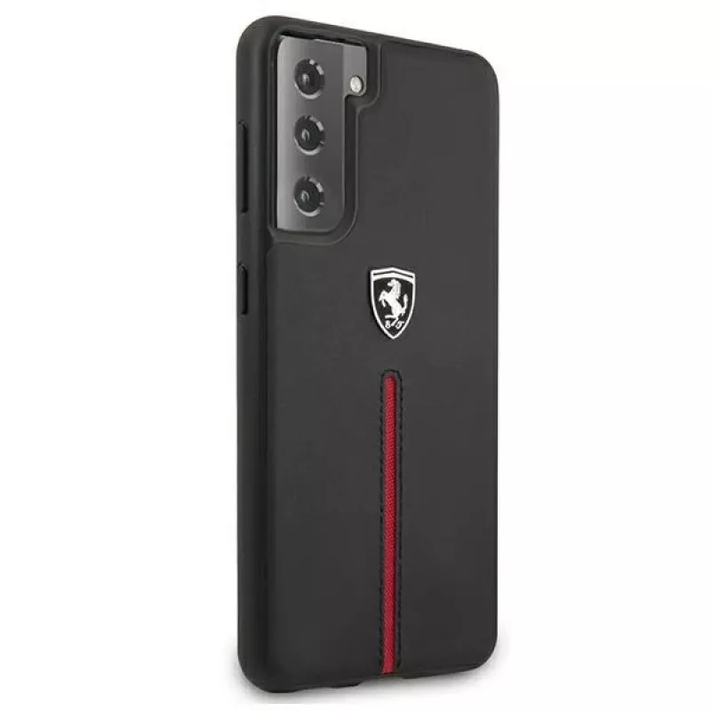 Ferrari FEOSIHCS21SBK Off Track Leather Nylon Stripe Hard Case, skirta Samsung Galaxy S21 (G991) – juoda