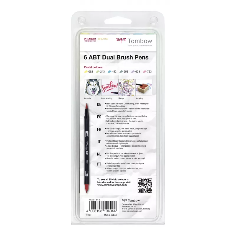 Tombow ABT-6P-2 Dual Brush Pen Set – 6 spalvų, dvispalvis rašiklis su šepetėlio ir smulkiu antgaliu