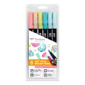 Tombow ABT-6P-4 Dual Brush Pen Set - 6 rašiklių rinkinys su smulkiu ir šepetėlio antgaliu, įvairiaspalviai, apvalūs