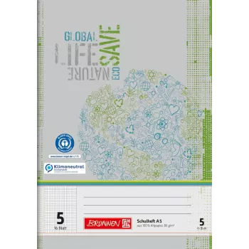 BRUNNEN School Notebook Recycling Line A4 Squared 5x5 mm No Margin 16 Sheets 32 Pages 70 g/m² 100% Recycled Paper Blue Angel