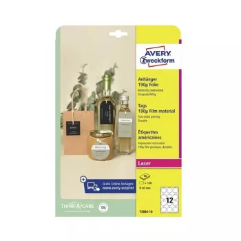 Avery Zweckform T3004-10 neprilipančios apvalios etiketės, poliesteris, baltos, 60 mm, 120 vnt.