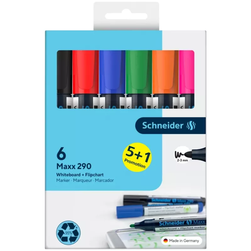 Schneider Maxx 290 Whiteboard and Flipchart Marker Set of 6 Assorted Colours 2,0 - 3,0 mm