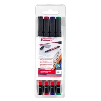 EDDING 141 F Permanent Marker Set - Fine Tip 0,6 mm - Black, Blue, Green, Red - 4 Markers
