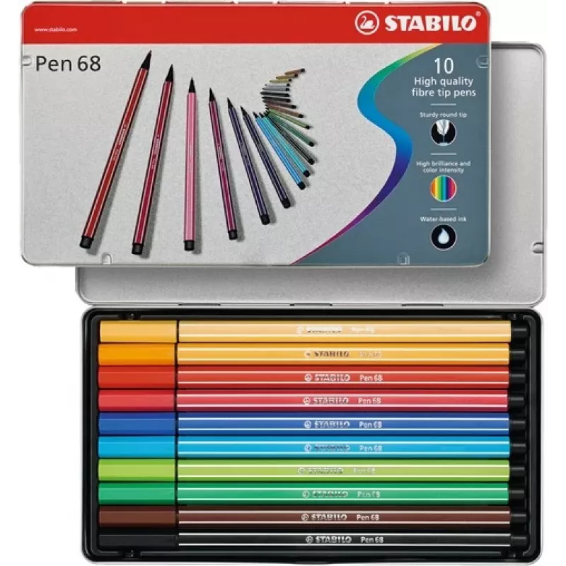 STABILO Pen 68 flomasteris - 1 mm - 10 įvairių spalvų