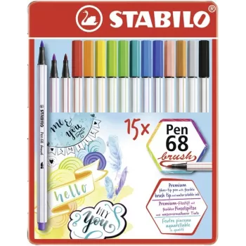 STABILO Pen 68 Brush 15 spalvų rinkinys – asorti – vandens pagrindo rašalas – Vokietija – suaugusiems ir vaikams