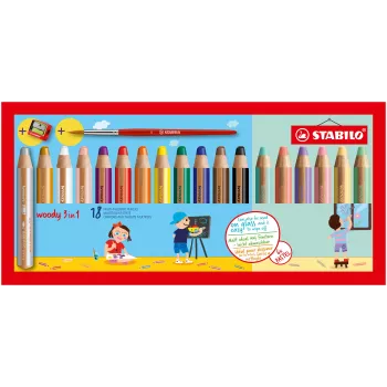 STABILO Woody 3-in-1 Multi-Talent Pencil 7,6 cm 18-Piece Pastel Set with Brush
