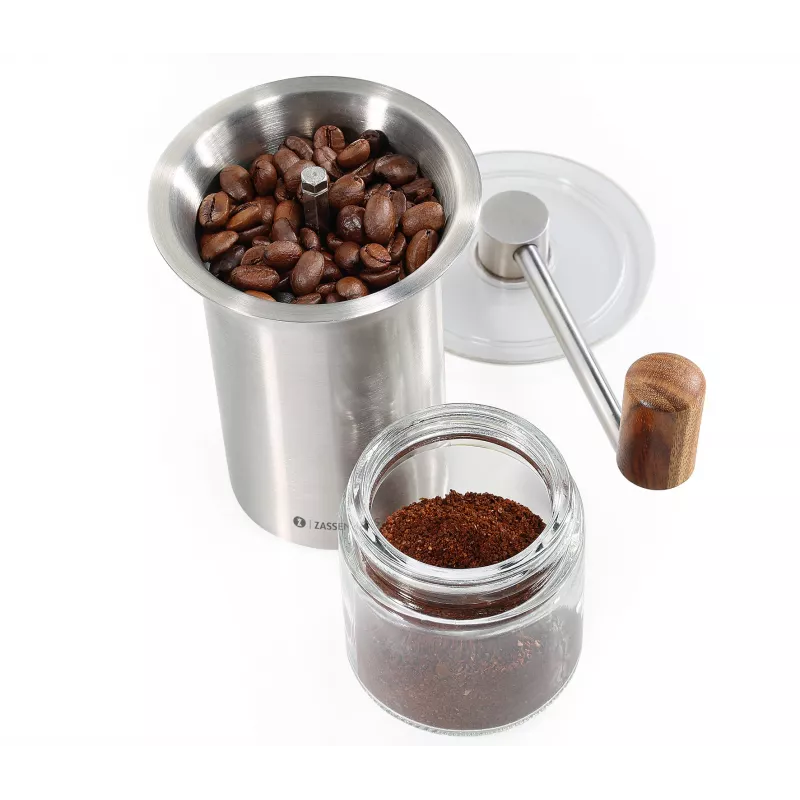 Zassenhaus Coffee Mill BARISTA nerūdijančio plieno / stiklo rankinis keraminis malūnėlis