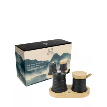 Peugeot Bali Fonte ketaus druskos ir pipirų malūnėlių rinkinys su mediniu padėklu, 8 cm, juodas
